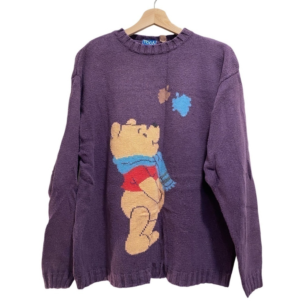 Rare VTG DISNEY Winnie the Pooh Autumn Leaves Scarf Knit Sweater 90s Purple